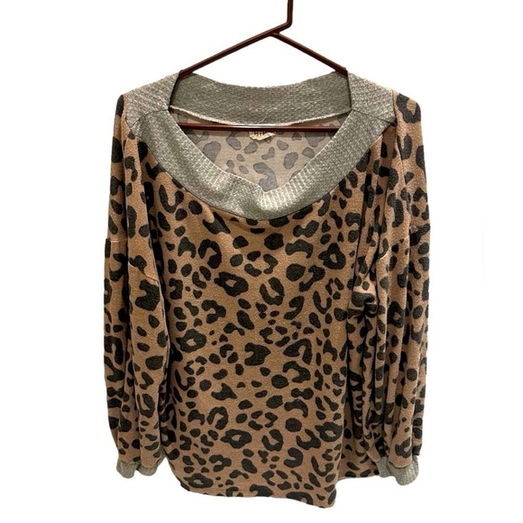 Bibi Womens Top Size Large Brown Grey Leopard Print Long Sleeve Pullover - Picture 1 of 4